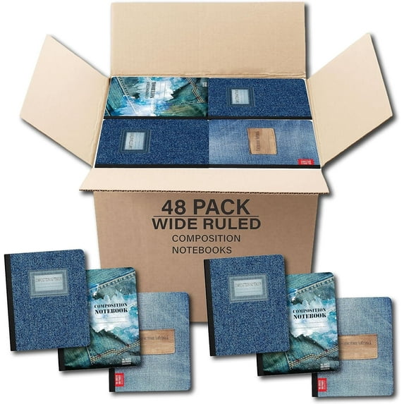 AUKSales Composition Notebook Jeans Multi-design Cover 500Gsm Wide Ruled 100 Sheets | 7.5 x 9.75 Inches | Pack of 48