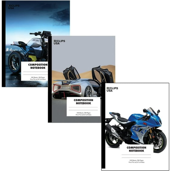 AUKSales Composition Notebook Ultra Hard Cover Design, Assorted Covers Cars & Motorcycles, Pack of 48 | 9-3/4" x 7-1/2", Wide Ruled | 100 sheets (200 Pages) | Ideal for bulk buyers