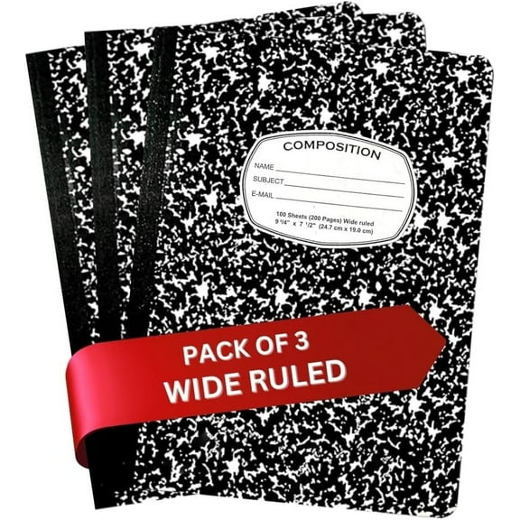 AUKSales Wide Rule Composition Notebooks, Value Pack, 9-3/4" x 7-1/2", Black, 100 Sheets, 3 Count
