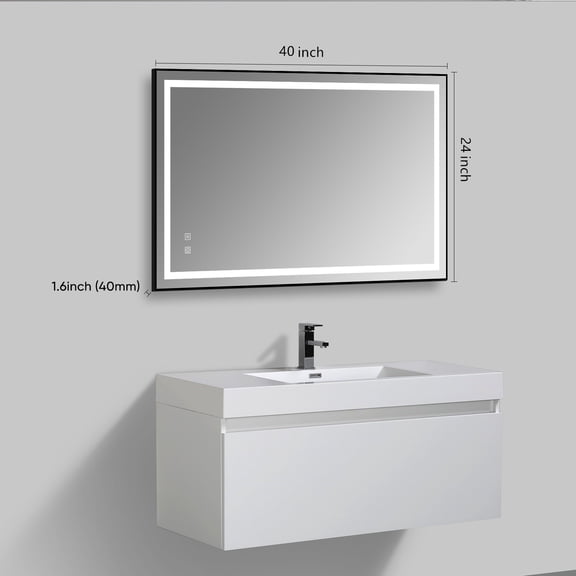 AUKTOPT 24'' x 40'' LED Bathroom Vanity Mirror, Anti-fog, Black Framed Rectangle Wall Mounted Mirror