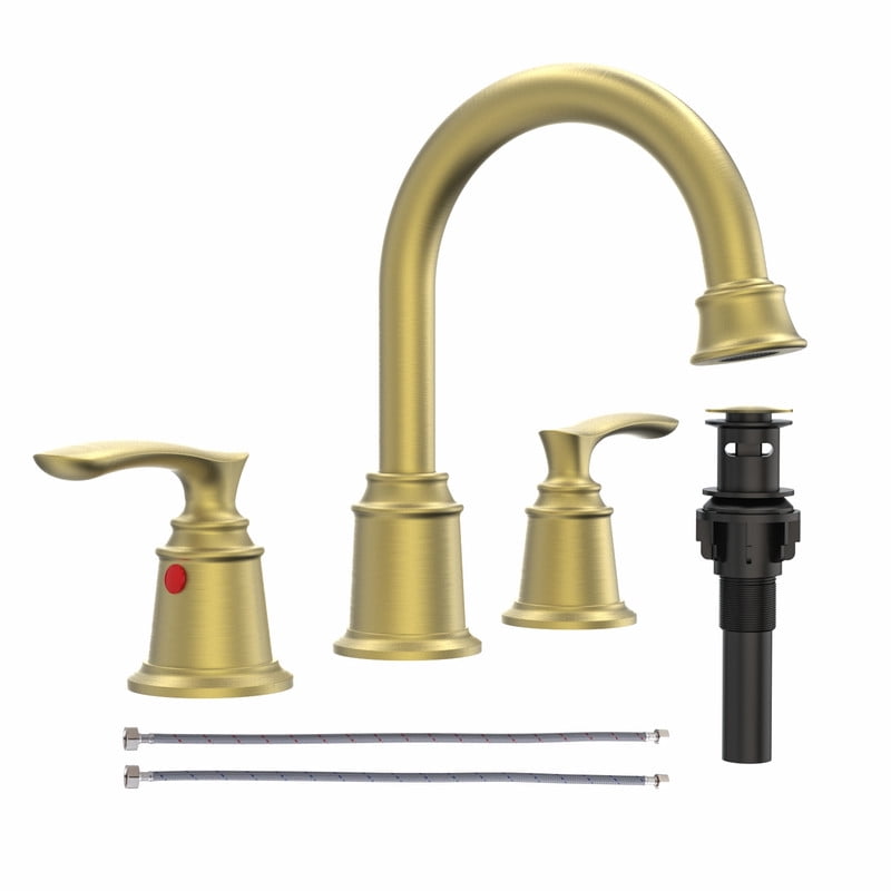 AUKTOPT Bathroom Faucet 3 Hole, 10 Inch Widespread Bathroom Faucet with Metal Pop-up Drain Assembly, Two Handle Vanity Faucet, Brushed Gold