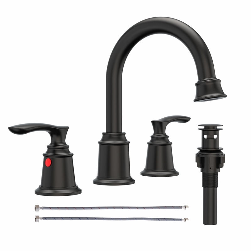 AUKTOPT Bathroom Faucet 3 Hole, 8 Inch Widespread Bathroom Faucet with Metal Pop-up Drain Assembly, Two Handle Vanity Faucet, Matte Black