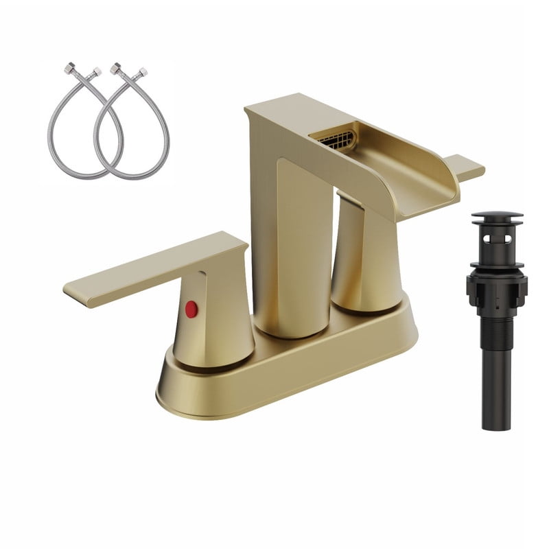 AUKTOPT Bathroom Faucet with Waterfall Spout, Dual Handle Solid Brass 3 Hole Deck Mount Sink Faucet, Easy Installation, Water-Saving, Brushed Gold