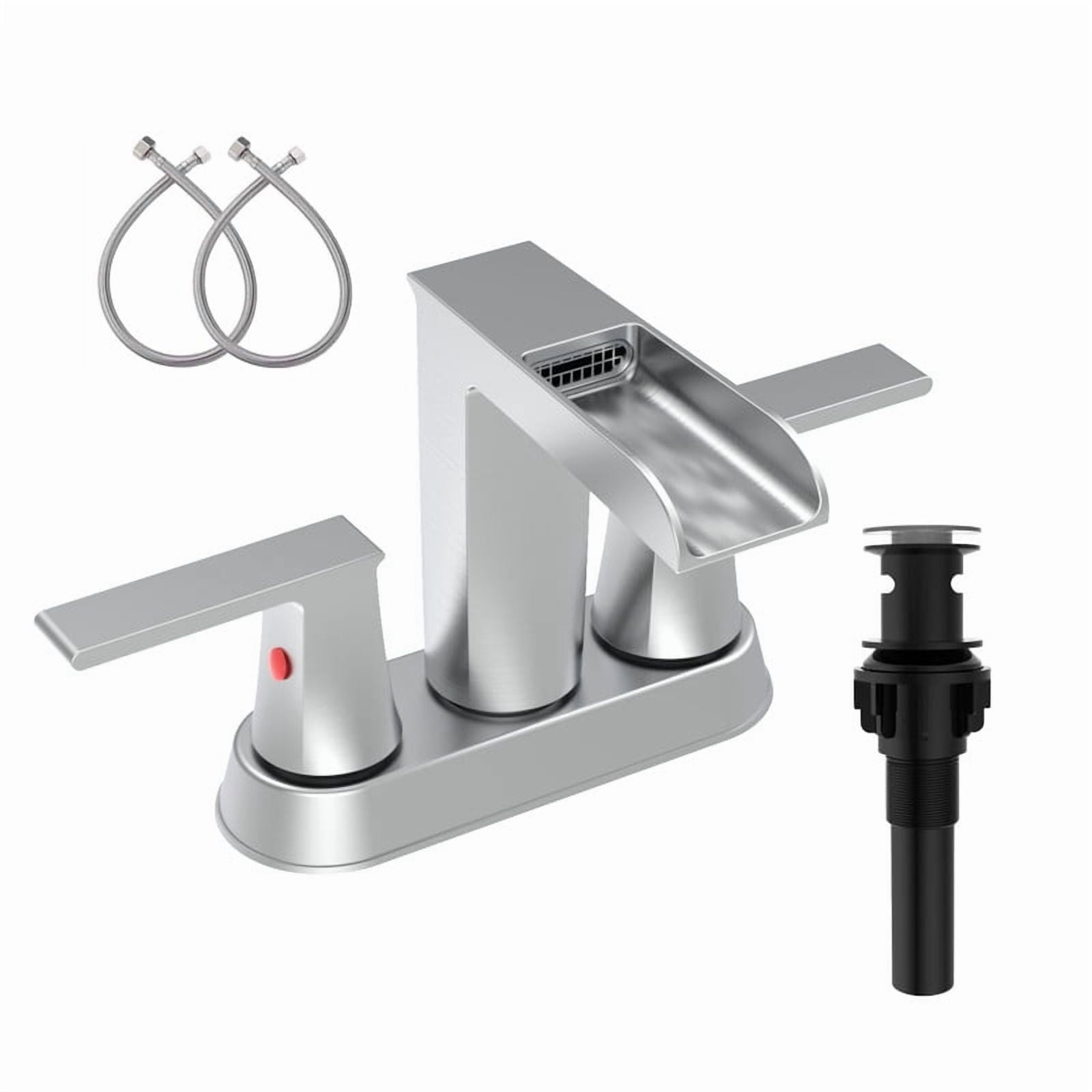 AUKTOPT Bathroom Faucet with Waterfall Spout, Dual Handle Solid Brass 3 Hole Deck Mount Sink Faucet, Easy Installation, Water-Saving, Brushed Nickle
