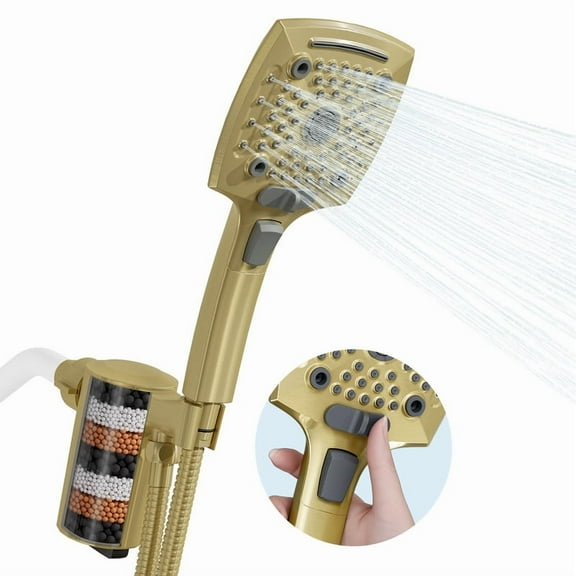 AUKTOPT Filtered Shower Head, 6 Spray Modes, High Pressure, Detachable Filter Cartridge, Handheld Shower for Hard Water, Remove Chlorine & Metals, Brushed Gold