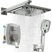 AUKTOPT Shower Faucet Set Mixing Valve and Trim Kit Brushed Nickel, Rainfall Waterfall Shower Head with Handheld Combo