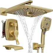 AUKTOPT Bathroom Shower Faucet Set Mixing Valve and Trim Kit, Complete Shower System with Tub Spout, Brushed Gold