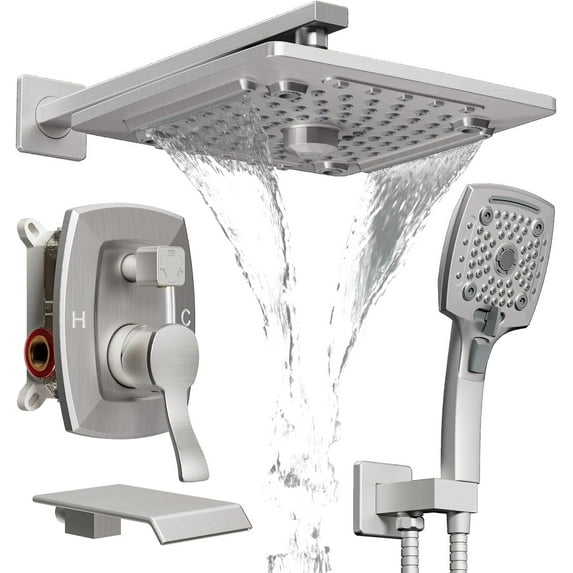 AUKTOPT Brushed Nickel Bathroom Shower Faucet Set with Valve, Rainfall Shower Head with Handheld Combo