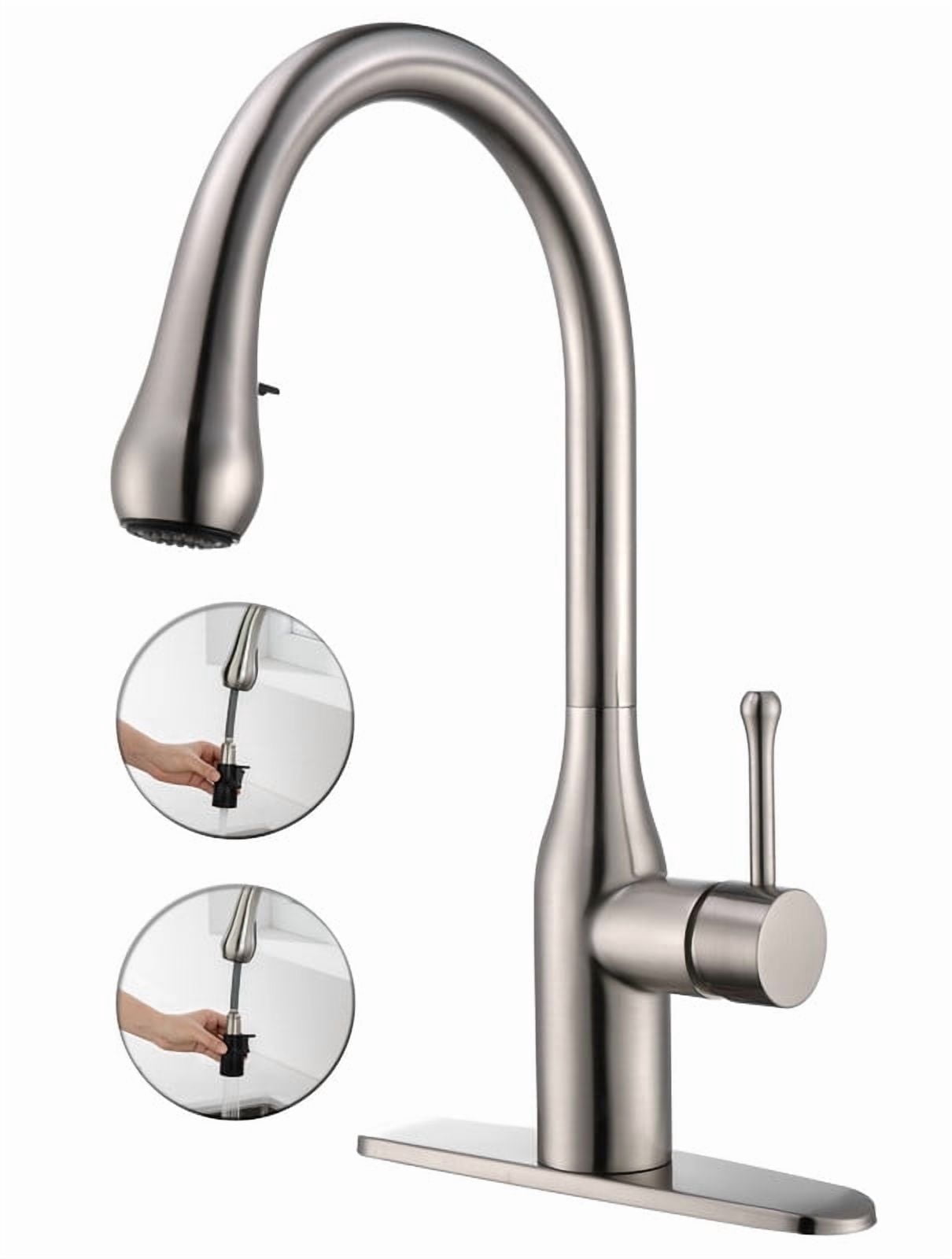 AUKTOPT Modern Hidden Pull-Out Kitchen Faucet with 2 Water Modes, Swivel High Arc Kitchen Sink Faucet with Deck Plate Suit to 1 or 3 Holes , Solid Brass Construction, Brushed Nickel