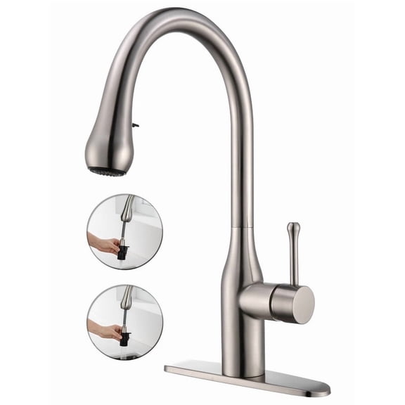 AUKTOPT Modern Hidden Pull-Out Kitchen Faucet with 2 Water Modes, Swivel High Arc Kitchen Sink Faucet with Deck Plate Suit to 1 or 3 Holes , Solid Brass Construction, Brushed Nickel