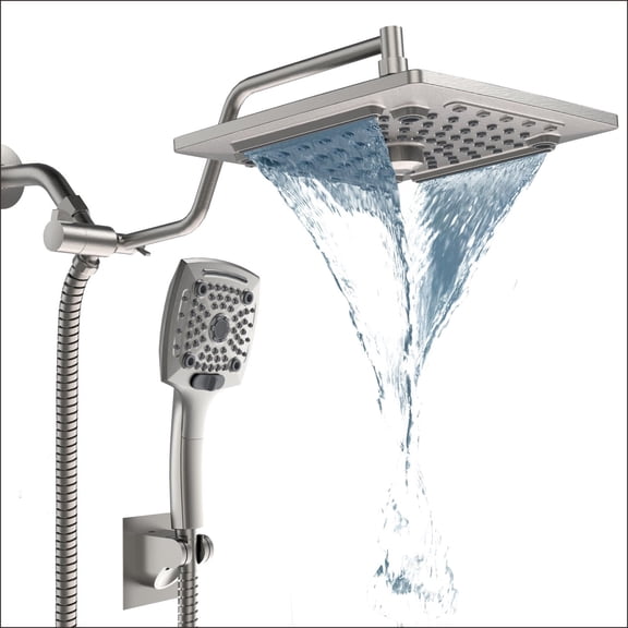 AUKTOPT Rainfall 5-Modes Spary 10 Inch Wall-Mount Showerhead Handheld Shower, Shower Head Combo with 60 Inch Hose, Extension Arm, Brushed Nickel