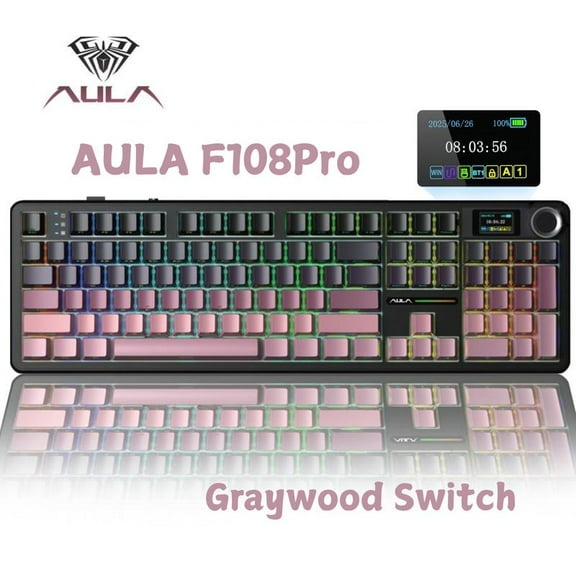 AULA F108 Pro, 104-Key Wireless Hot Swappable Mechanical Gaming Keyboard, RGB, Knob, 8000 mAH Battery, Digital Screen