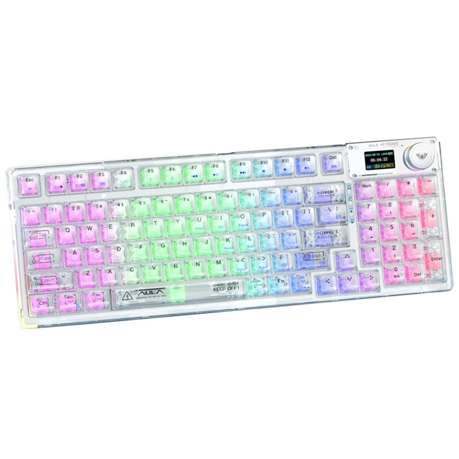 AULA F98Pro Transparent Wireless Mechanical Keyboard – White, Tri-Mode (Bluetooth/2.4G/USB-C), Hot-Swappable Switches, OLED Display, 4000mAh Battery, RGB Backlit