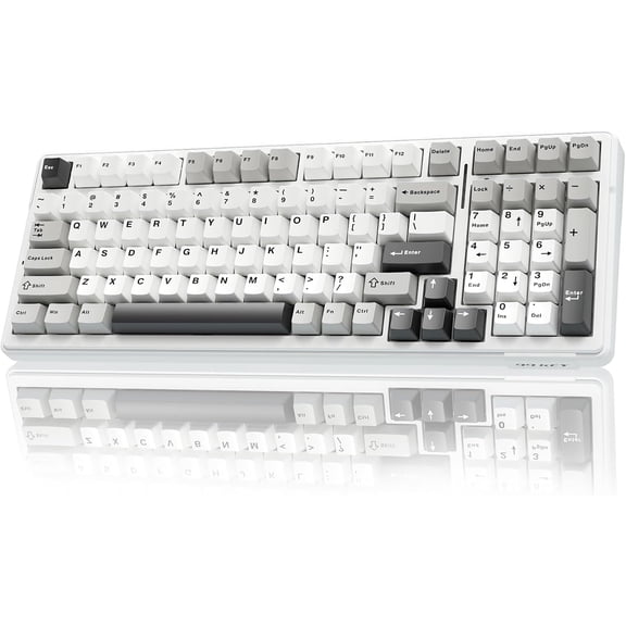 AULA F99 99-Key Wireless Mechanical Gaming Keyboard, RGB Illuminated, Tri-Mode, Hot-Swappable, Compact 96%, 10-Key Pad, USB-A, Black/Grey/White