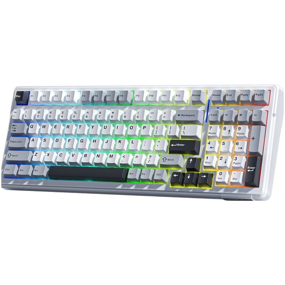 AULA F99 99-Key Wireless Mechanical Gaming Keyboard, RGB Illuminated, Tri-Mode, Hot-Swappable, Compact 96%, 10-Key Pad, USB-A, Black/Grey/White