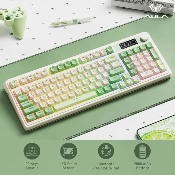 AULA S99 Pro 99-Key Wireless Membrane Gaming Keyboard, RGB Illuminated, Tri-Mode, Knob, Smart Screen, Compact 96%, 10-Key Pad, USB-A, Green White