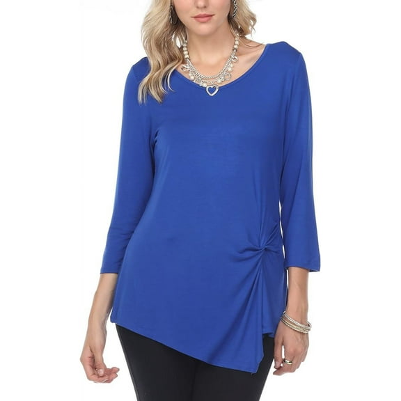 AULOA Women's 3/4 Long Sleeve V Neck Twisted Front Knot Casual Tunic T-shirt Blouse Top, Stylish and Fashion Forward (XXL, Blue)