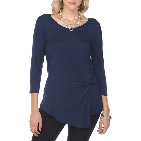 AULOA Women's 3/4 Long Sleeve V Neck Twisted Front Knot Casual Tunic T-shirt Blouse Top, Stylish and Fashion Forward (XXL, Navy)