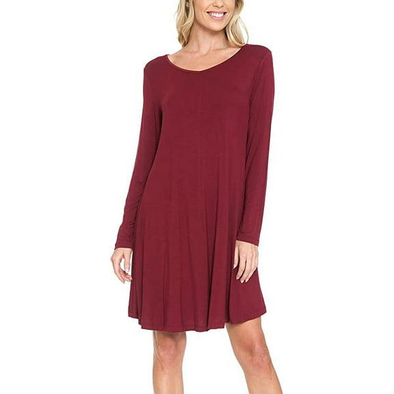 AULOA Women's Long Sleeve Casual Tunic Dress, Loose Relaxed T Shirt Fabric, Stylish and Fashion Forward (M, Maroon)