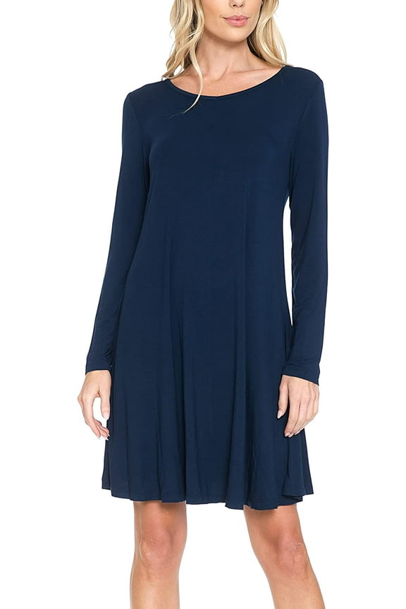 Women's Long Sleeve Casual Tunic Dress, Loose Relaxed T Shirt Fabric, Stylish and Fashion Forward (M, Navy)