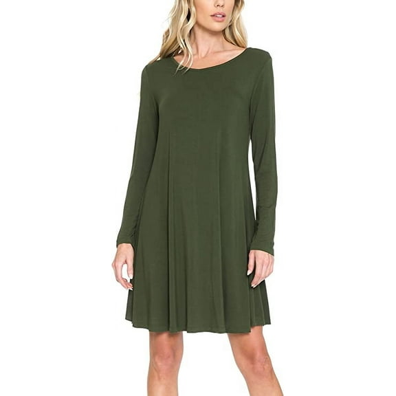 AULOA Women's Long Sleeve Casual Tunic Dress, Loose Relaxed T Shirt Fabric, Stylish and Fashion Forward (XL, Army Green)