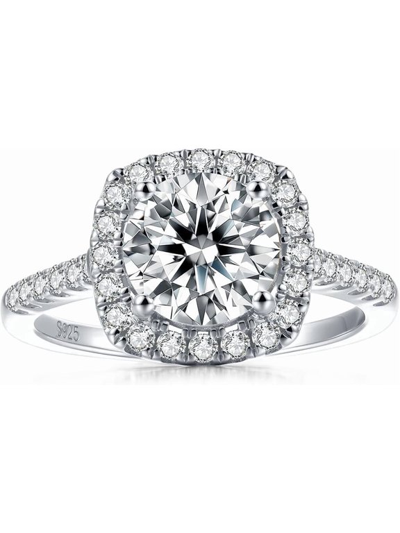 2CT Halo Moissanite Engagement Ring for Women, Cushion Shaped Half Eternal 925 Sterling Silver Plated White Gold, Promise Rings for Birthday Valentines Day Anniversary Christmas Size 11