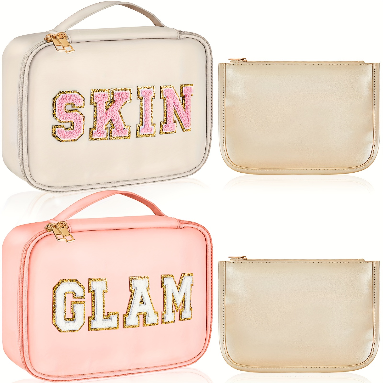 AUMIY 2 Pieces Preppy Patch Makeup Bag Cute Toiletry Cosmetic Bag Nylon