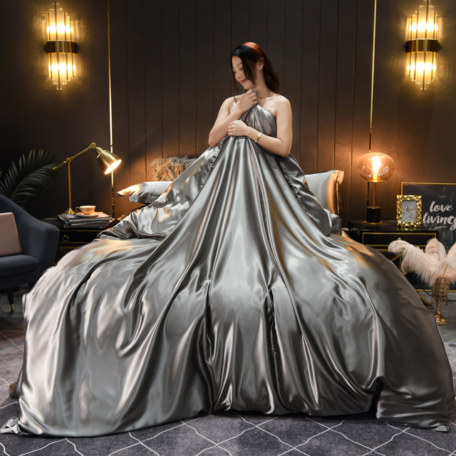 AUMIY Luxury Mulberry Silk Bedding Set Silky Bed Sheet Set Duvet Cover