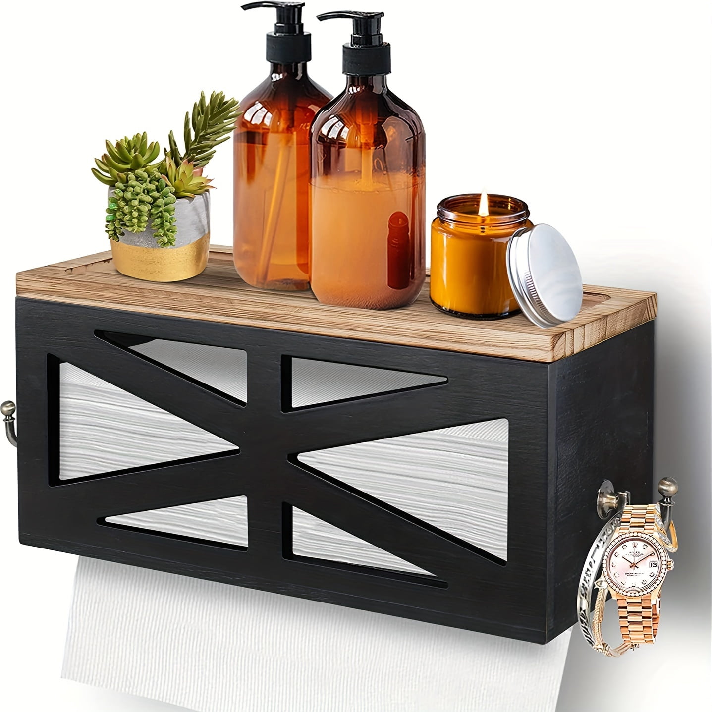 AUMIY Wall Mount Paper Towel Holder with Shelf - Wooden Bathroom Organizer with Hooks Non-Slip ...