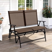 AUNEKIV 2-Person Outdoor Glider Bench, Installation-Free Steel Patio Loveseat, Foldable Swing Rocker, Brown