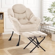 AUNEKIV Lazy Chair with Ottoman, Modern Sofa Armchair with Side Pocket, Accent Chair with Footrest for Bedroom, Beige