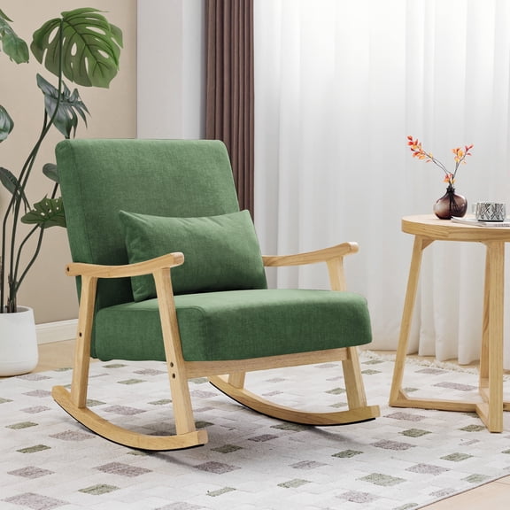 AUNEKIV Mid Century Modern Rocking Chair with Pillow Upholstered Nursery Glider Accent Rocking Chair, Solid Wood Frame Rocker for Bedroom, Comfortable Reading Feeding Armchair, Green