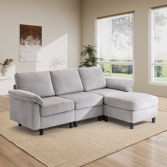 AUNEKIV Modular Sectional Sofa with Movable Ottoman, L-Shape 3-seat Storage Couch for Living Room, Lightgrey