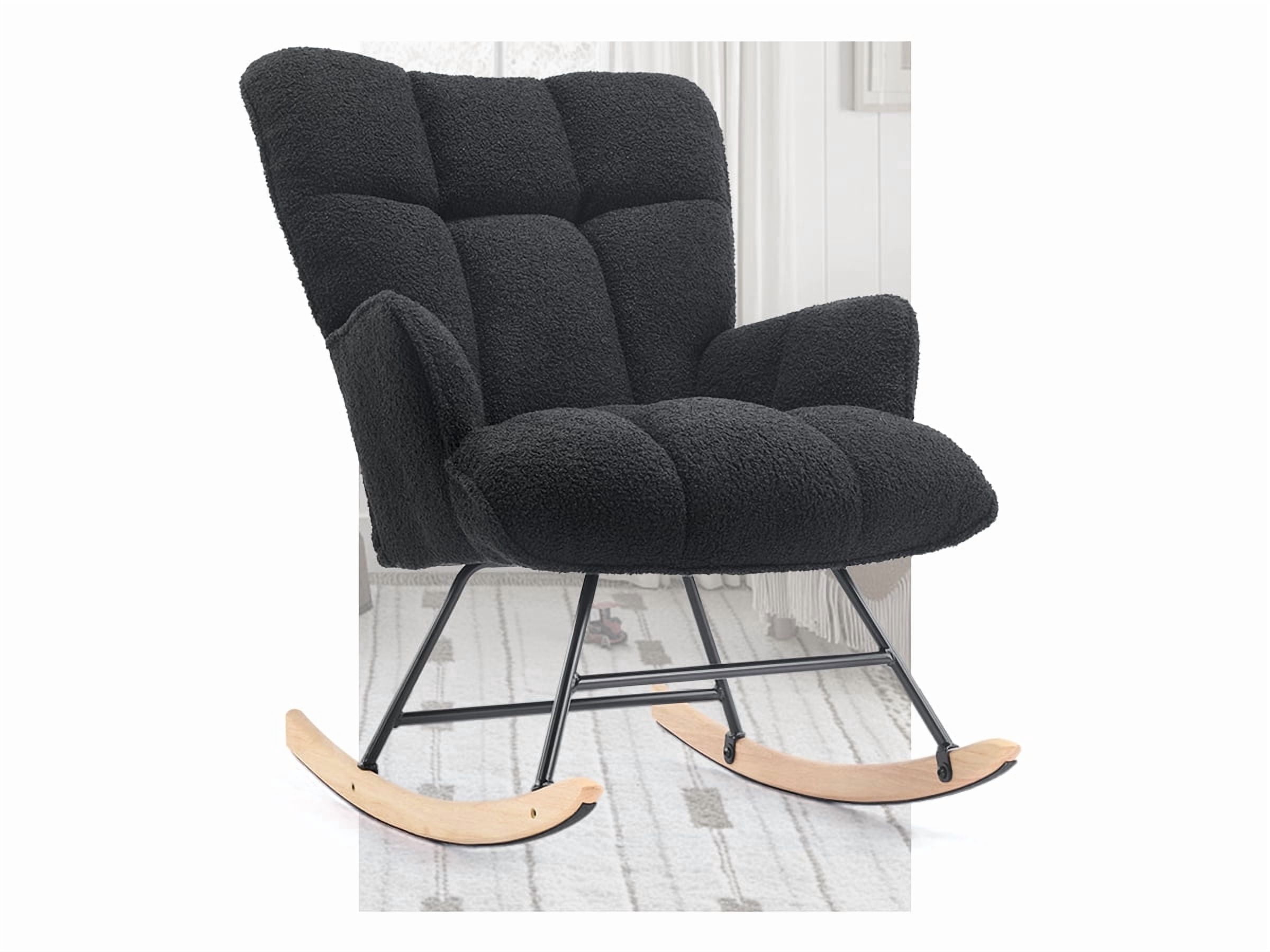 AUNEKIV Nursery Rocking Chair, Teddy Accent Armchair with High Backrest, Upholstered Glider Rocker for Living Room, Bedrooms, Playroom, Black