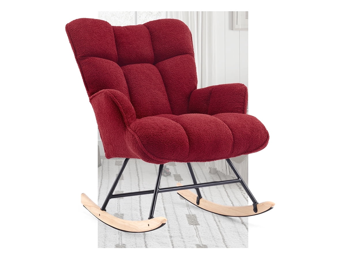 AUNEKIV Nursery Rocking Chair, Teddy Accent Armchair with High Backrest, Upholstered Glider Rocker for Living Room, Bedrooms, Playroom, Burgundy
