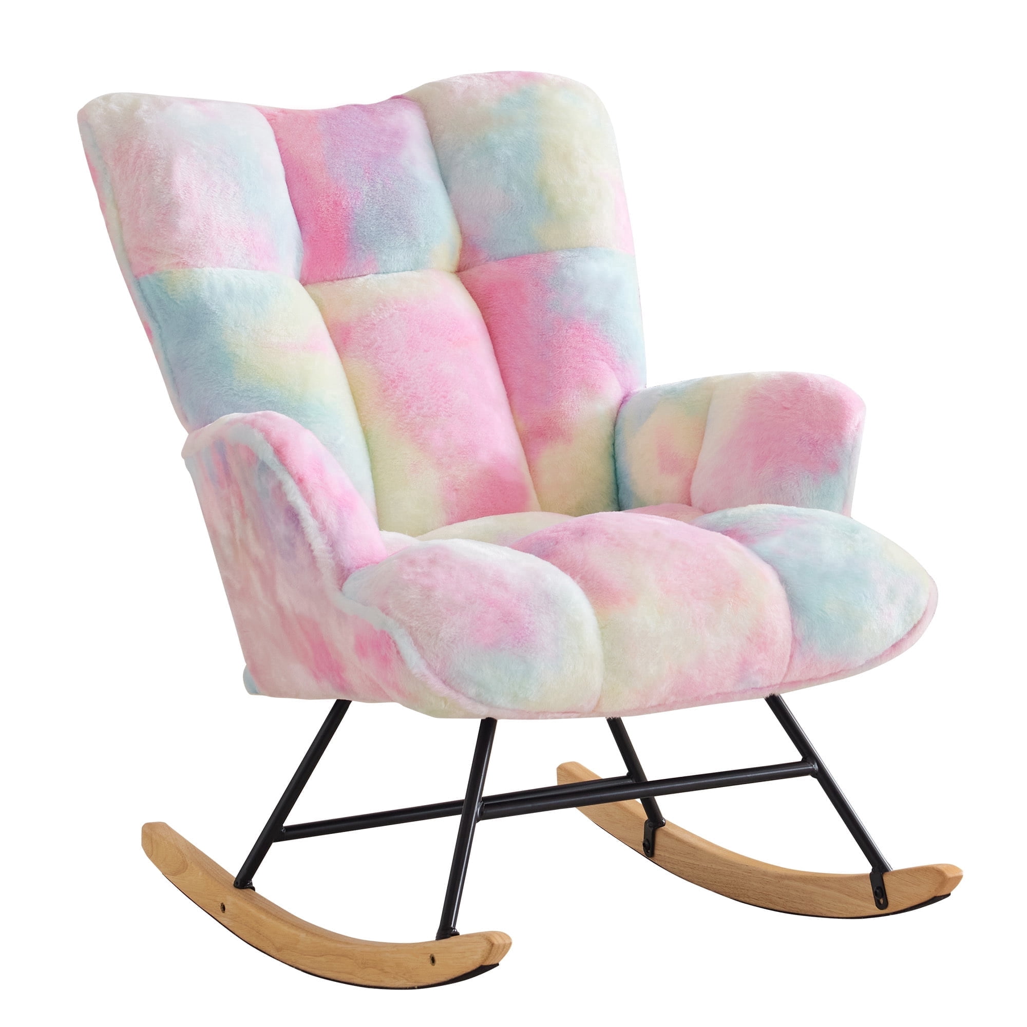 AUNEKIV Nursery Rocking Chair, Velvet Accent Armchair with High Backrest, Upholstered Glider Rocker for Living Room, Bedrooms, Playroom, Colorful