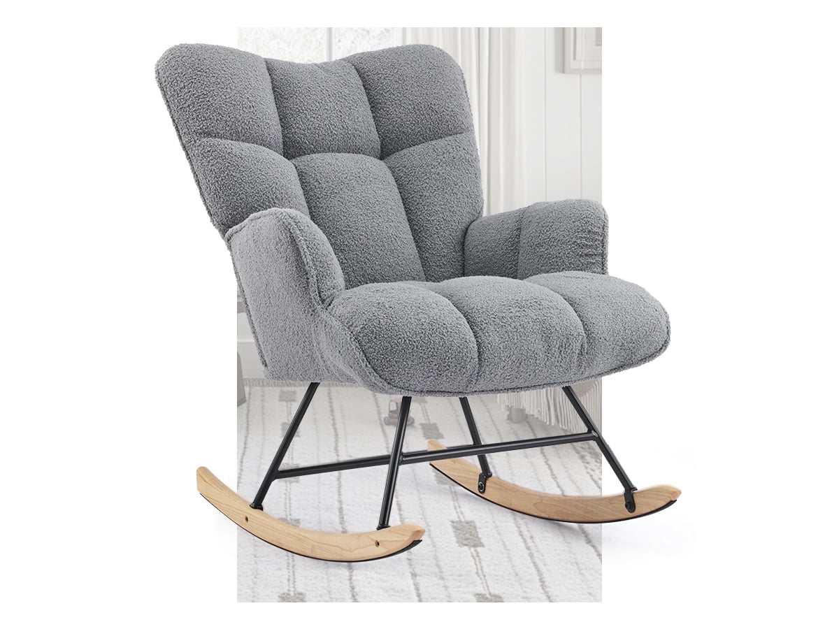 AUNEKIV Nursery Rocking Chair, Teddy Accent Armchair with High Backrest, Upholstered Glider Rocker for Living Room, Bedrooms, Playroom, DarkGray