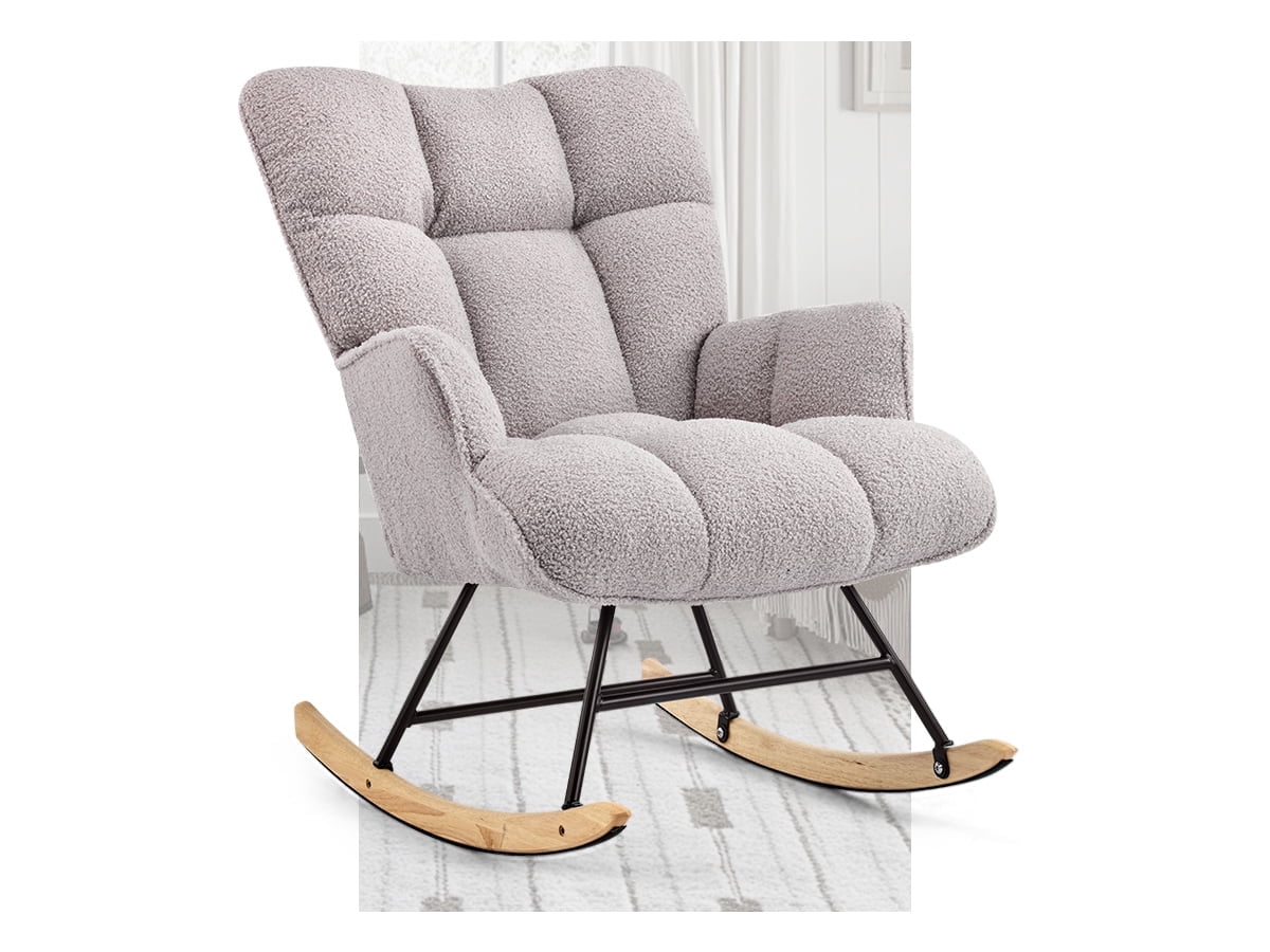 AUNEKIV Nursery Rocking Chair, Teddy Accent Armchair with High Backrest, Upholstered Glider Rocker for Living Room, Bedrooms, Playroom, Grey