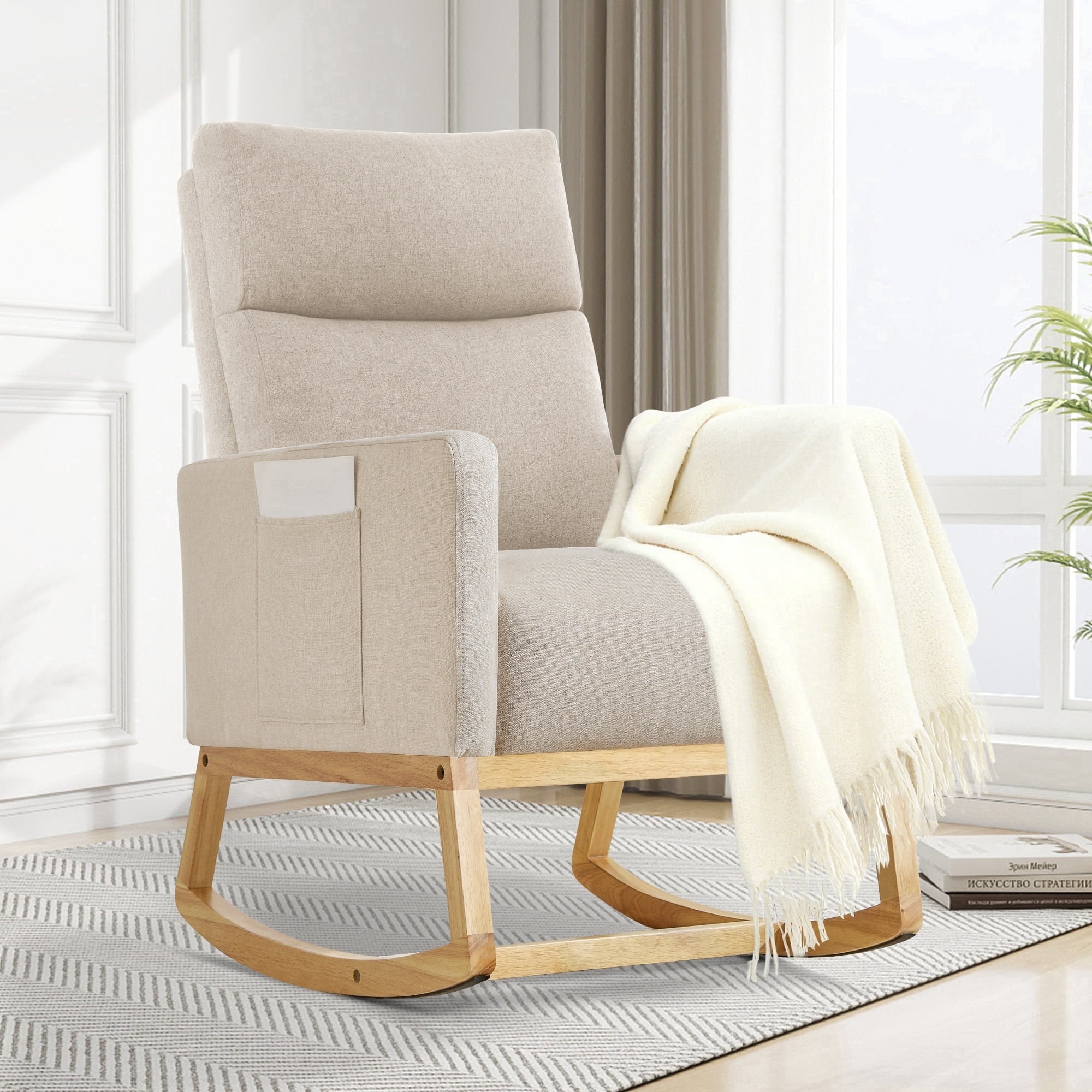 AUNEKIV Rocking Chair Nursery, Upholstered Accent Rockers, Nursing Glider Chairs for Bedroom, Beige