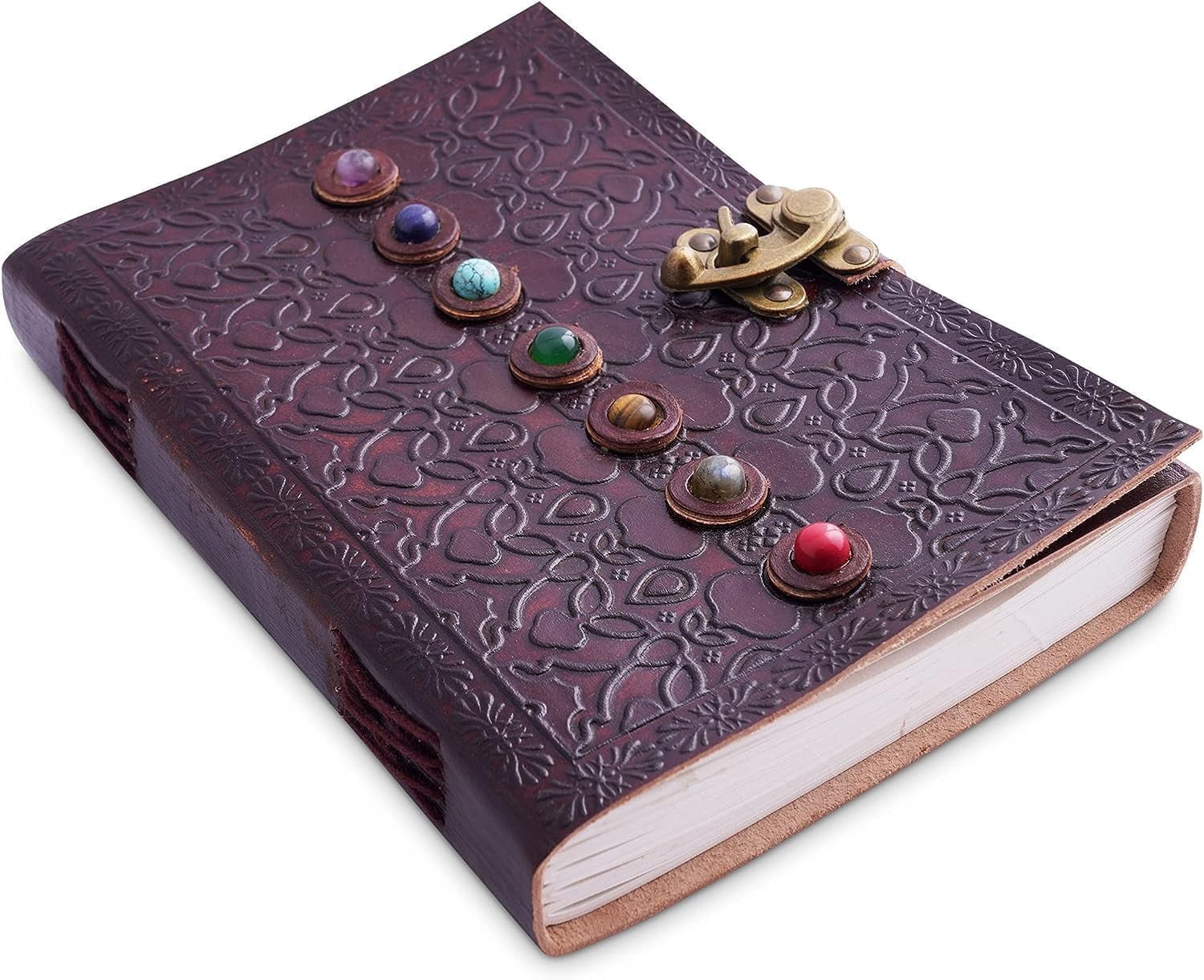 AUNERCART Leather Journal Seven Chakra Medieval Stone Unlined Note Book Office Diary College Poetry Rustic Vintage Day to Day Calendar 200 Pages Size 10x7 Inches