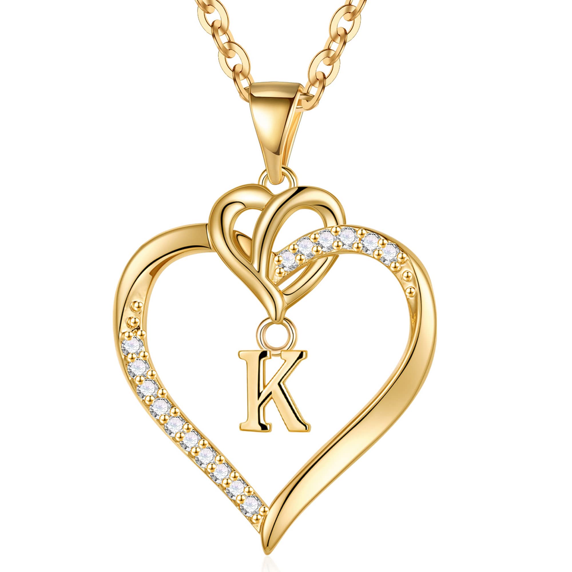AUNOOL Heart Initial Necklaces for Women Girls 14K Gold Plated Cubic