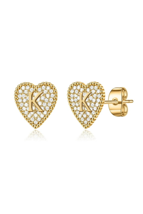Heart Initial Stud Earrings for Women S925 Sterling Silver Post Hypoallergenic CZ Heart Earrings 14K Gold Plated Dainty Letter Initial Earrings for Women