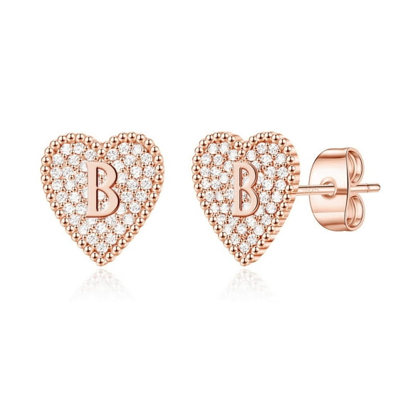 AUNOOL Heart Initial Stud Earrings for Women S925 Sterling Silver Post Hypoallergenic CZ Heart Earrings 14K Rose Gold Plated Dainty Letter Initial Earrings for Women