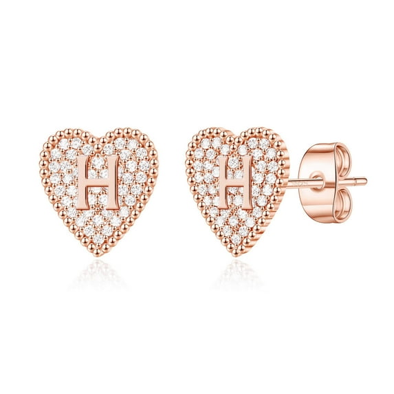 AUNOOL Heart Initial Stud Earrings for Women S925 Sterling Silver Post Hypoallergenic CZ Heart Earrings 14K Rose Gold Plated Dainty Letter Initial Earrings for Women