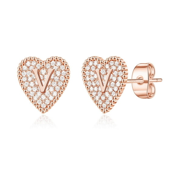 AUNOOL Heart Initial Stud Earrings for Women S925 Sterling Silver Post Hypoallergenic CZ Heart Earrings 14K Rose Gold Plated Dainty Letter Initial Earrings for Women