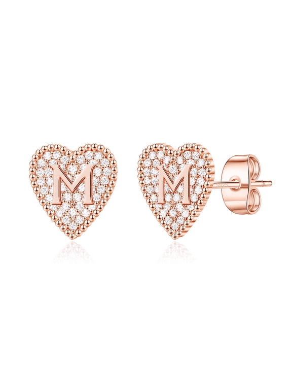 Heart Initial Stud Earrings for Women S925 Sterling Silver Post Hypoallergenic CZ Heart Earrings 14K Rose Gold Plated Dainty Letter Initial Earrings for Women