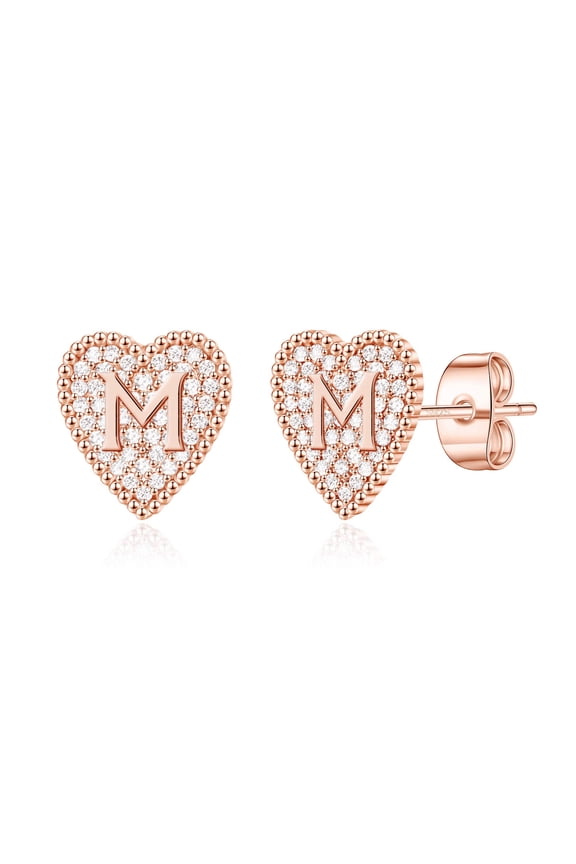 Heart Initial Stud Earrings for Women S925 Sterling Silver Post Hypoallergenic CZ Heart Earrings 14K Rose Gold Plated Dainty Letter Initial Earrings for Women