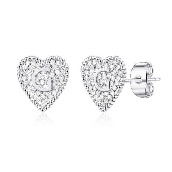 AUNOOL Heart Initial Stud Earrings for Women S925 Sterling Silver Post Hypoallergenic CZ Heart Earrings 14K Rose White Plated Dainty Letter Initial Earrings for Women