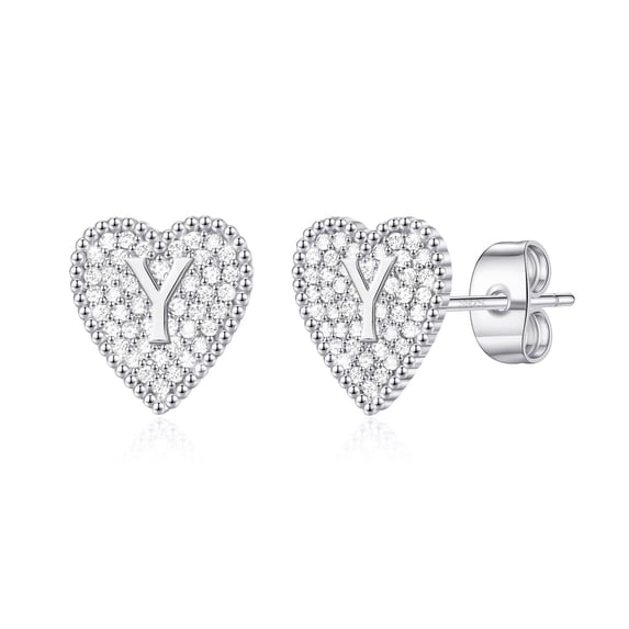 AUNOOL Heart Initial Stud Earrings for Women S925 Sterling Silver Post Hypoallergenic CZ Heart Earrings 14K Rose White Plated Dainty Letter Initial Earrings for Women