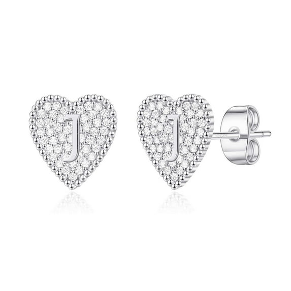 AUNOOL Heart Initial Stud Earrings for Women S925 Sterling Silver Post Hypoallergenic CZ Heart Earrings 14K Rose White Plated Dainty Letter Initial Earrings for Women